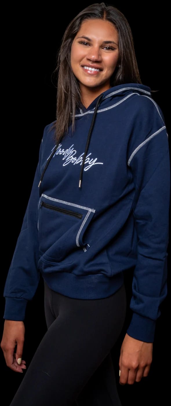 Dark blue hoodie with pale contrast stitching, worn turned to three quarters